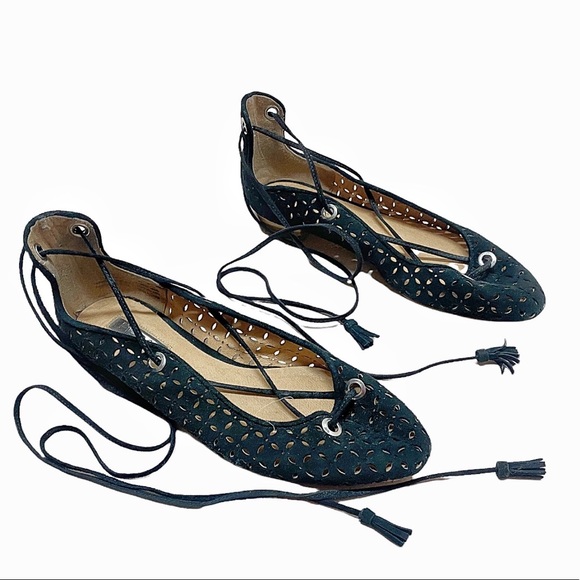 Halogen Nella Ghillie Black Suede Perforated Lace Up Flats - Picture 3 of 5